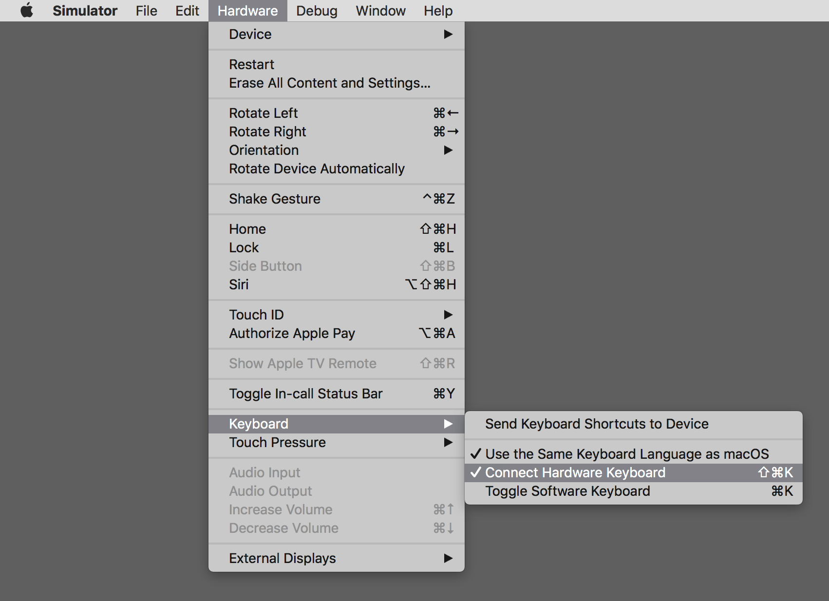 Connect Hardware Keyboard is under Keyboard in Simulator's Hardware menu