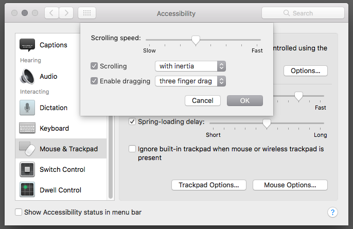 Three finger dragging option in the Accessibility system preferences