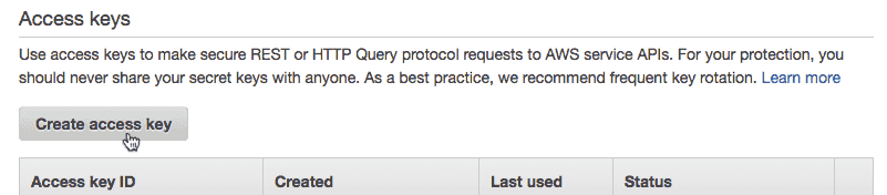 AWS web interface for creating a new access key