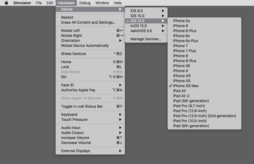 Simulator's Device menu, showing iOS 9.3, iOS 10.3, iOS 12.0, tvOS 12.0, and watchOS 5.0. iOS 12.0 is selected, revealing a submenu of devices including iPhones 5s to XS Max, and several generations of iPad, iPad Pro, and iPad Air