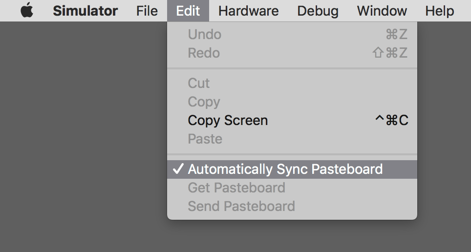 Setting Simulator to automatically sync the pasteboard across devices and with the macOS clipboard.